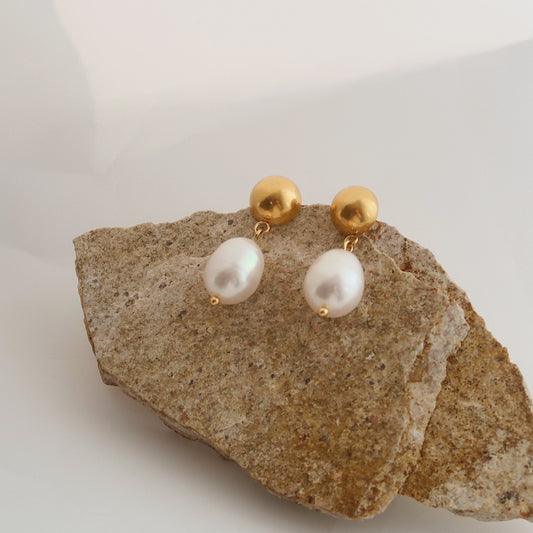 Gold Sphere & Pearl Drop Earrings