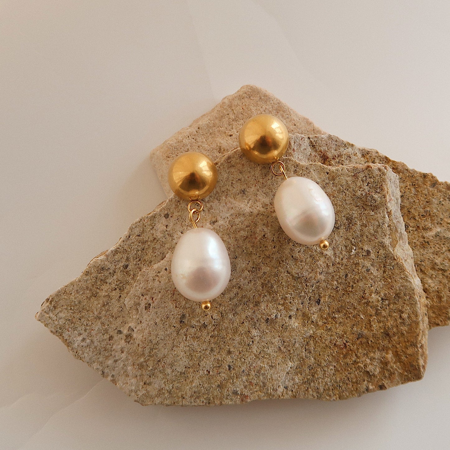 Gold Sphere & Pearl Drop Earrings