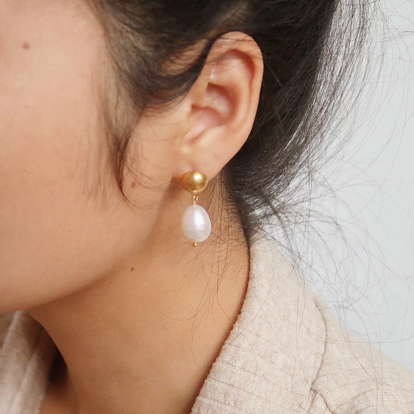 Gold Sphere & Pearl Drop Earrings