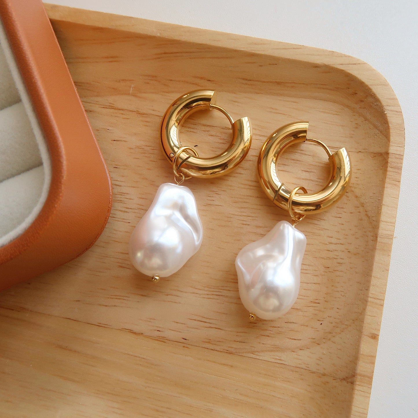 Gold Hoop Earrings with Pearlescent Drops