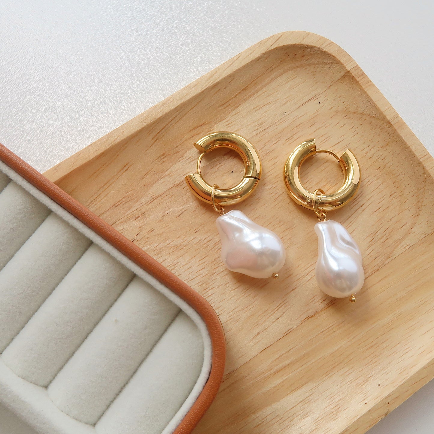 Gold Hoop Earrings with Pearlescent Drops