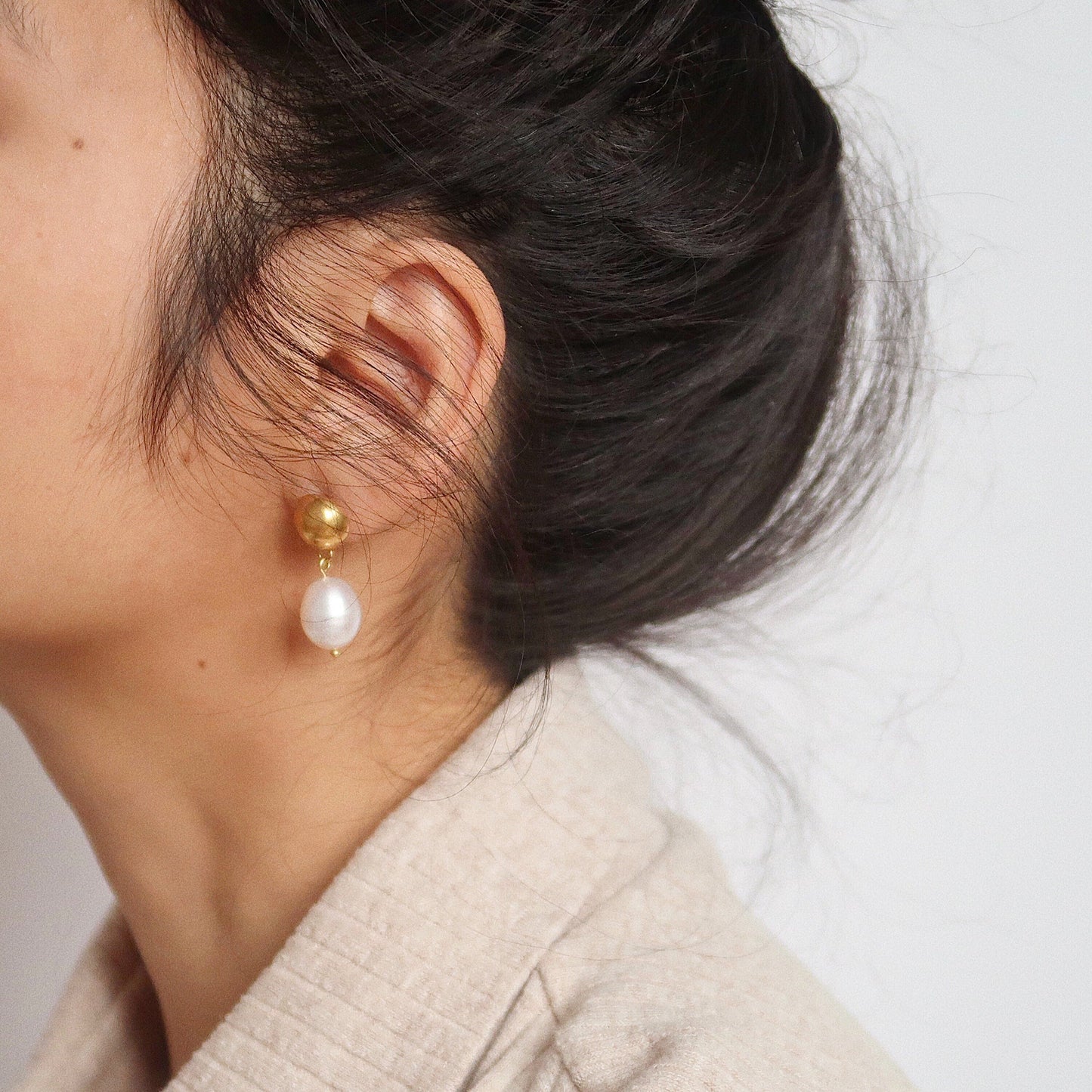 Gold Sphere & Pearl Drop Earrings