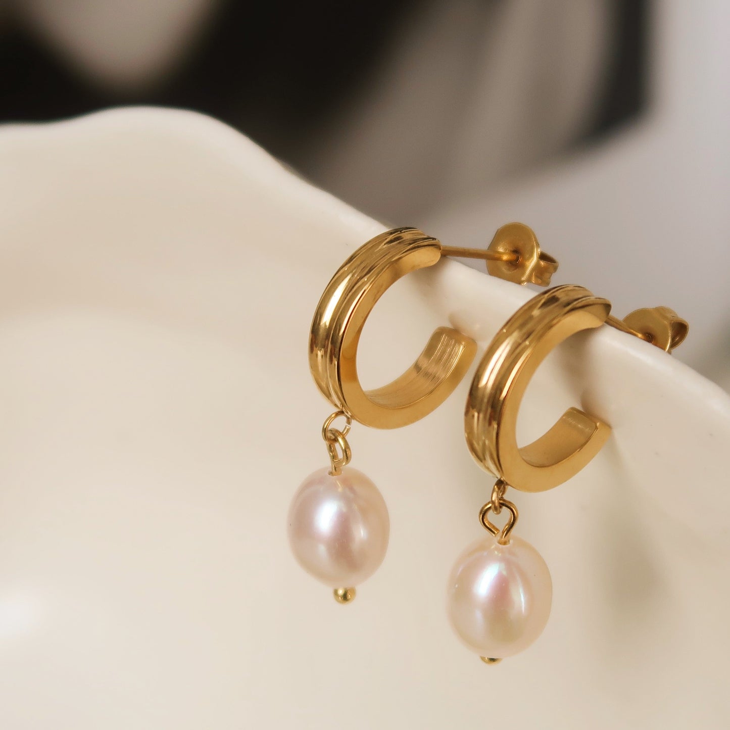 Gold Hoop Earrings with Pearl Drops